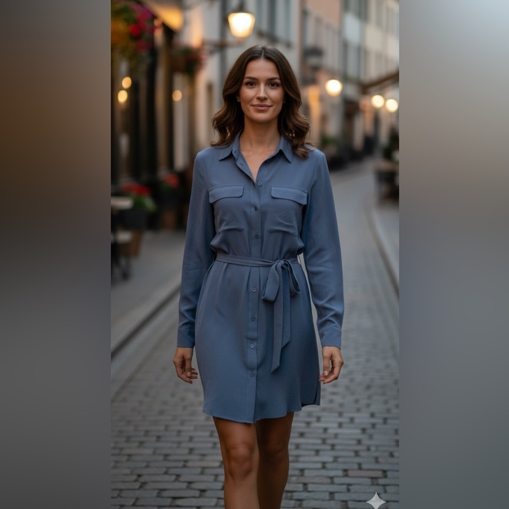 Equipment Blue Gray Long Sleeve Shirt Dress size XS